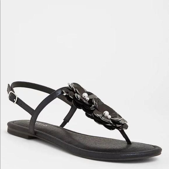 torrid Shoes - Torrid BLACK SEQUIN FLORAL T-STRAP SANDAL